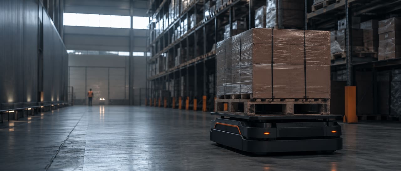 Robot mobile autonomo in un magazzino industriale italiano