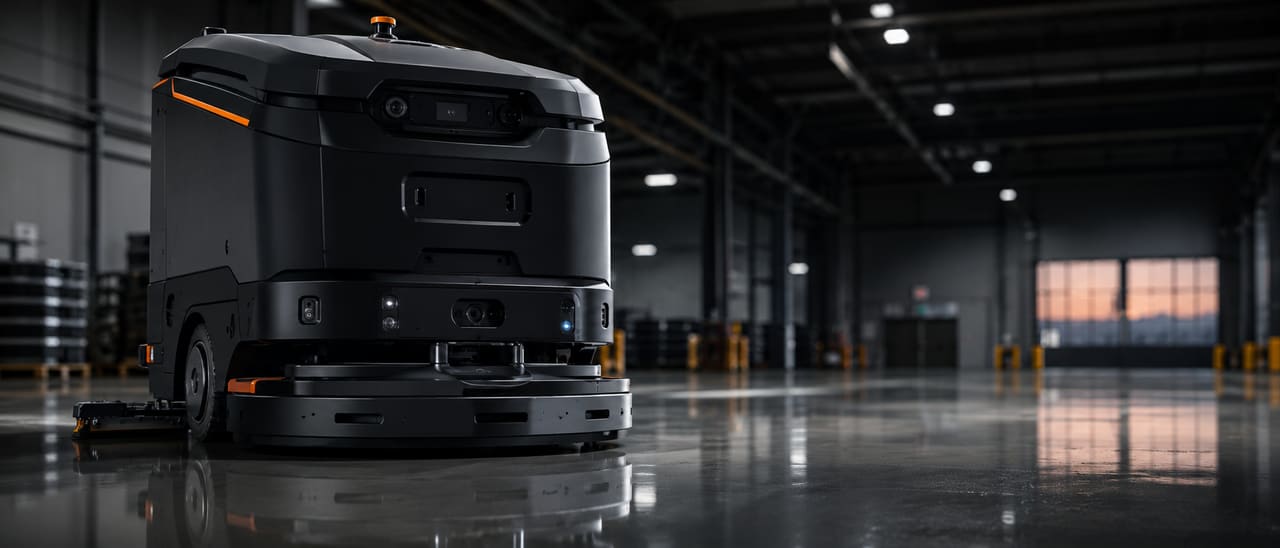 Robot lavasciuga autonomo che pulisce il pavimento di un capannone