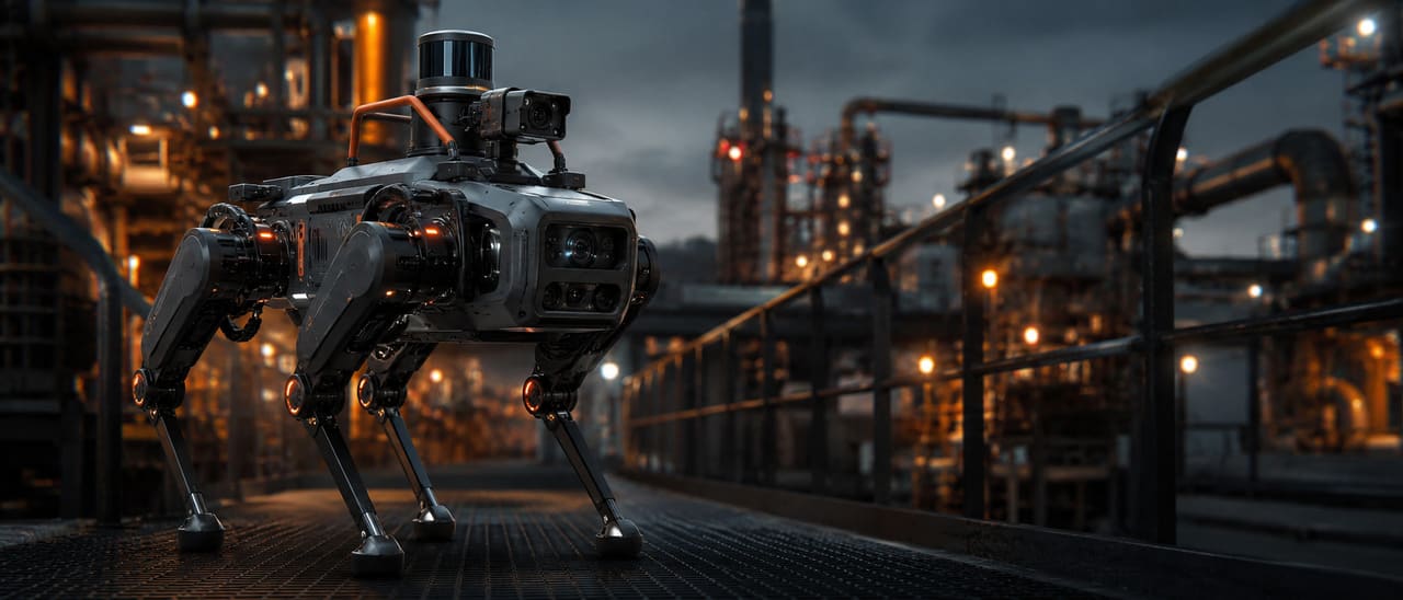 Robot quadrupede con sensori durante l’ispezione di un impianto industriale