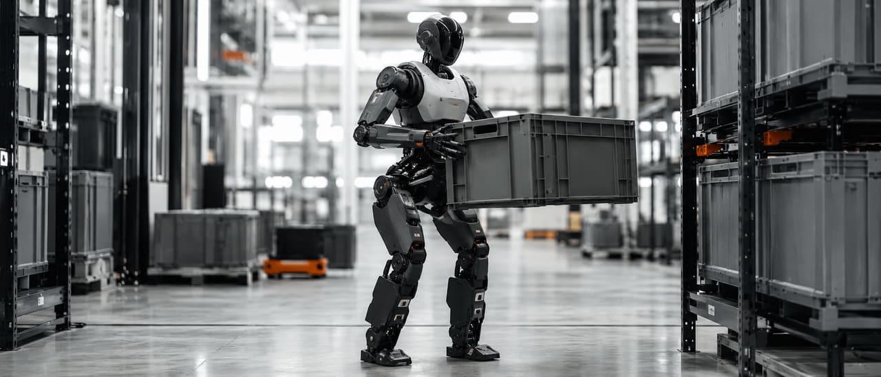 Robot umanoide bipede che opera in uno spazio di lavoro industriale