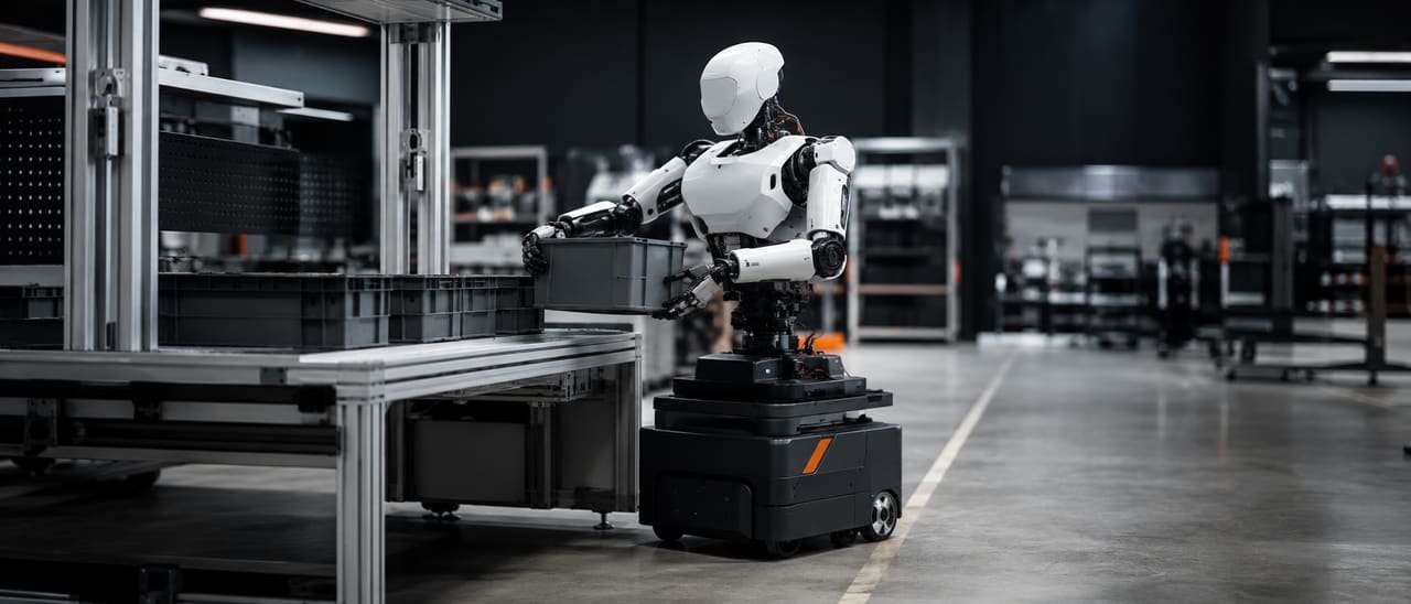 Robot umanoide su base mobile a ruote in un ambiente produttivo