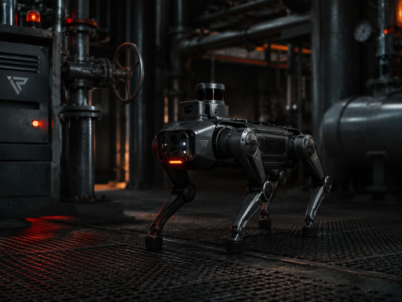 Robot quadrupede con sensori in un impianto industriale
