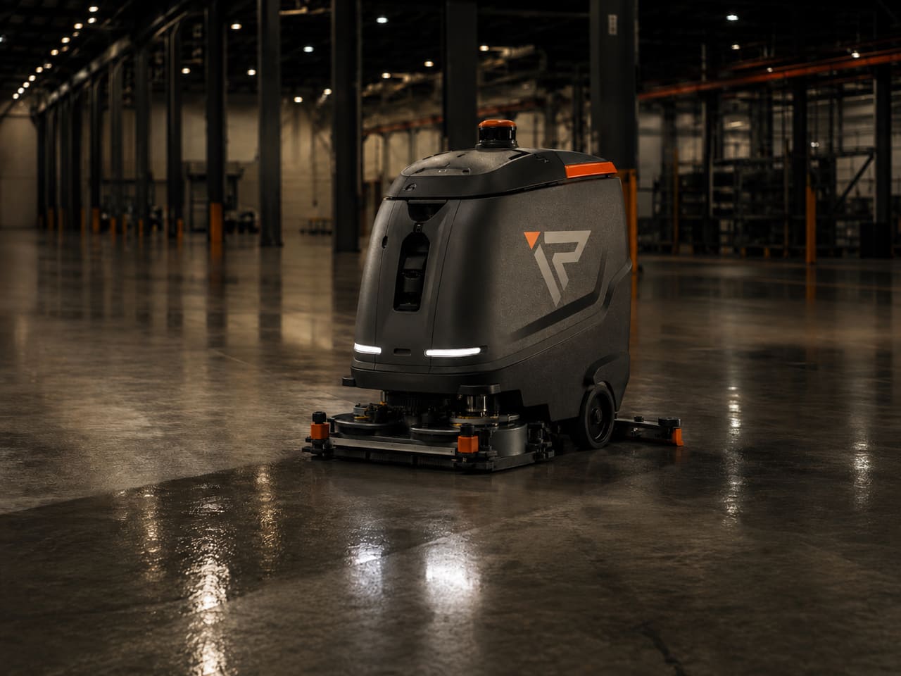 Robot lavasciuga autonomo su un pavimento industriale